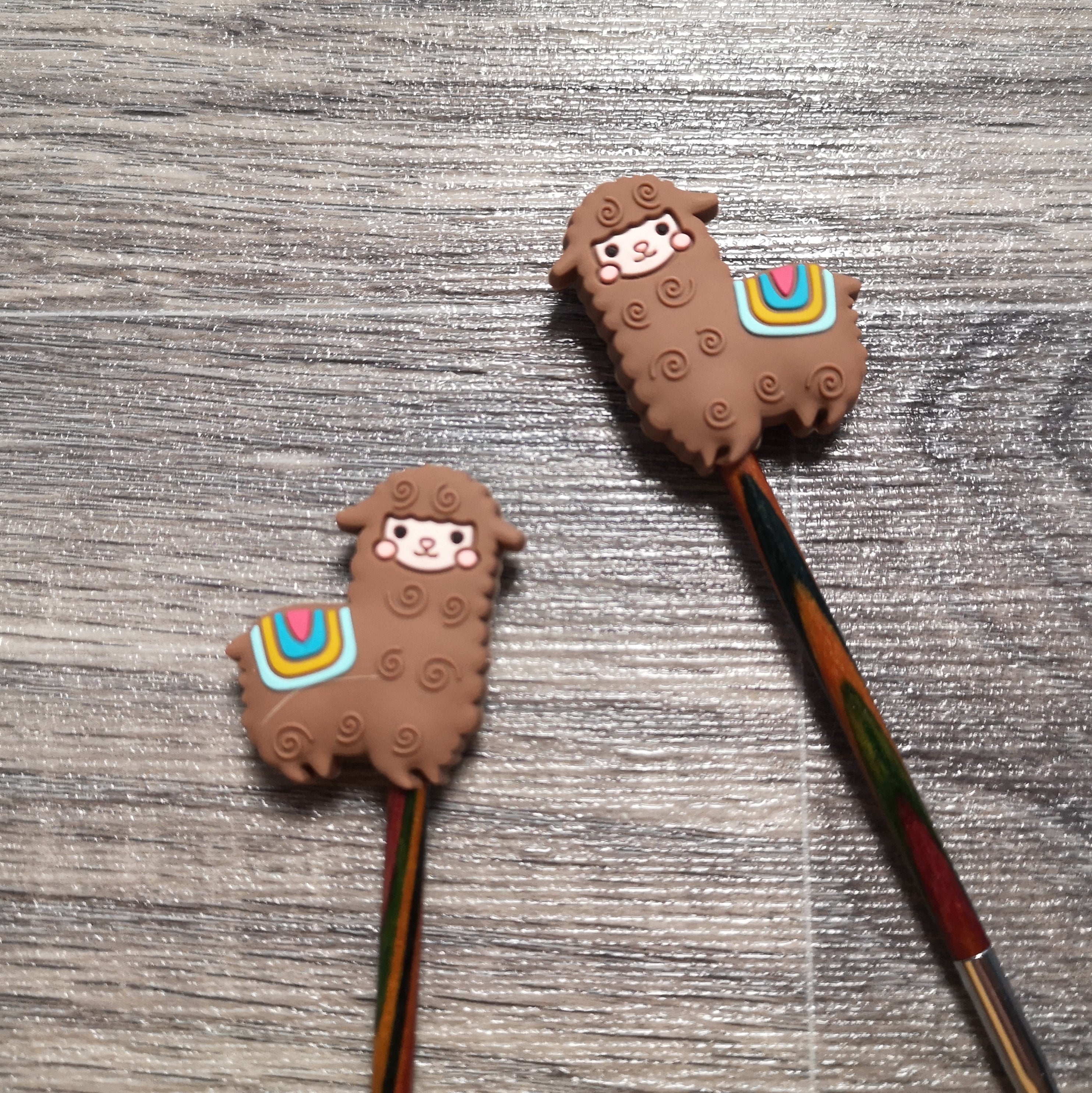 Close up of brown alpaca needle stoppers